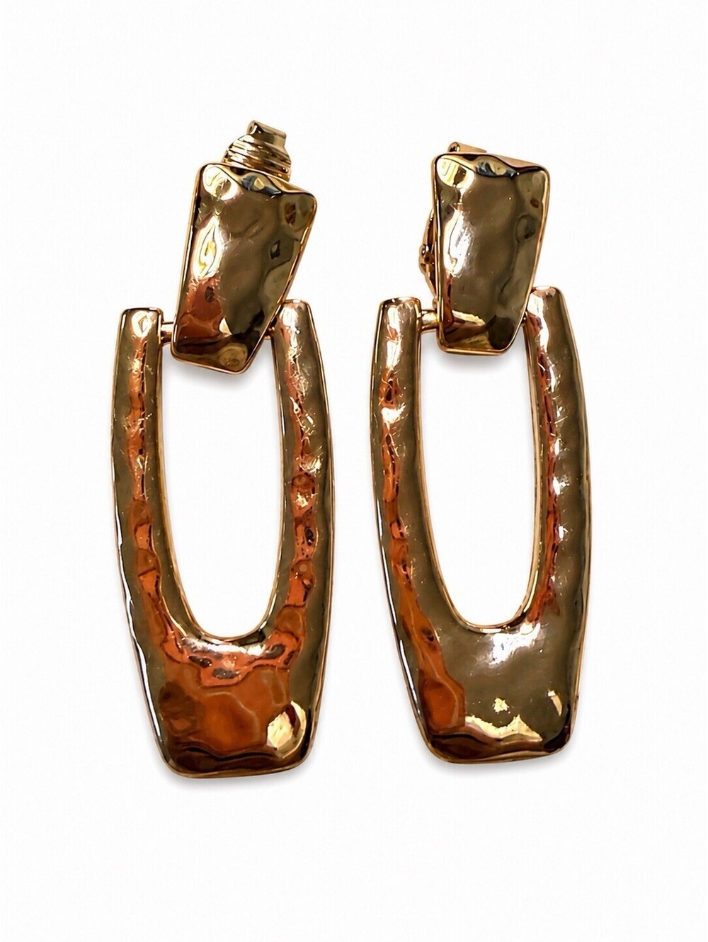 Vintage Gold Tone Hammered Geometric Dangle Clip On Earrings